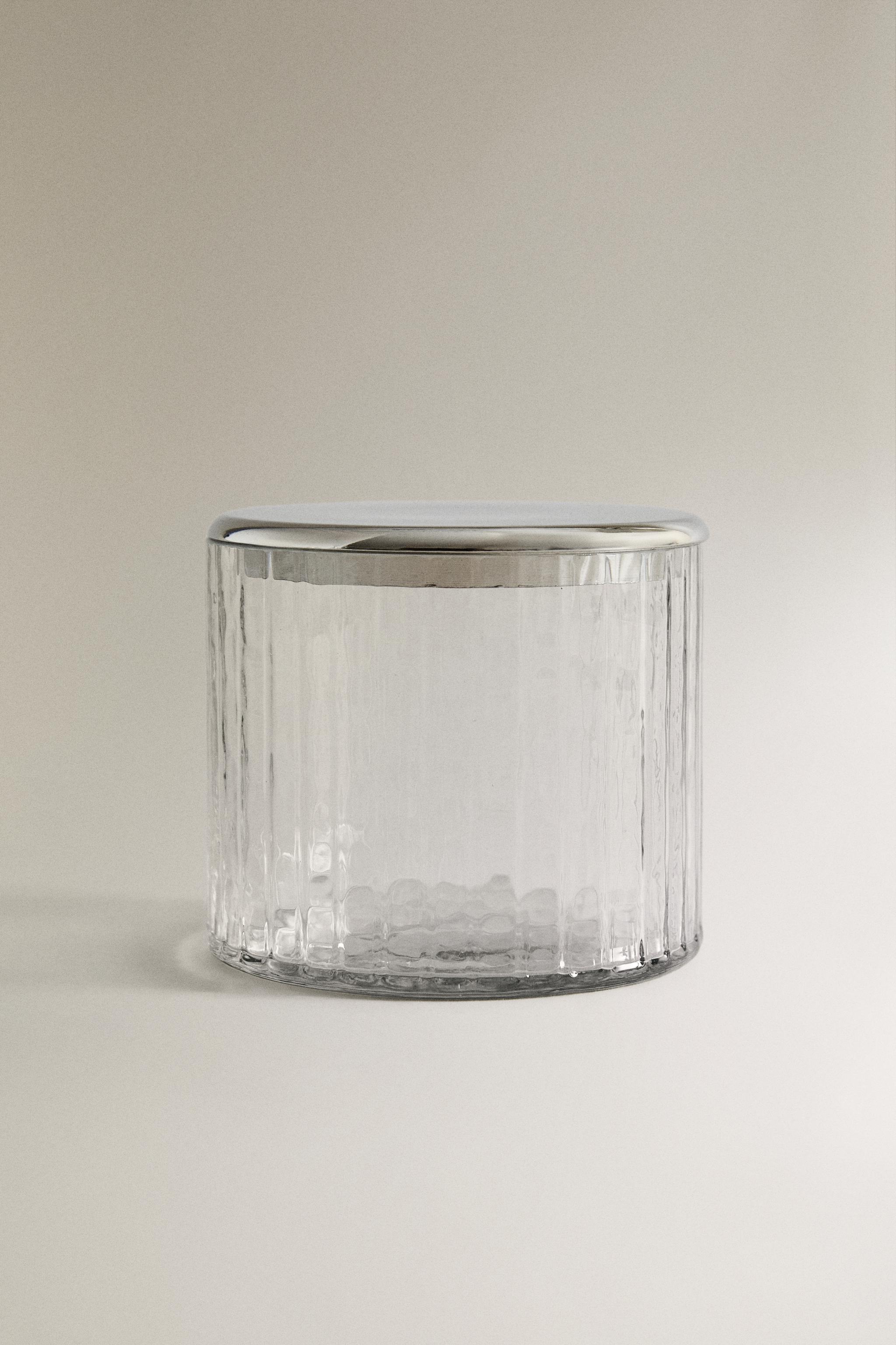 GLASS AND METAL BATHROOM JAR WITH RAISED DESIGN